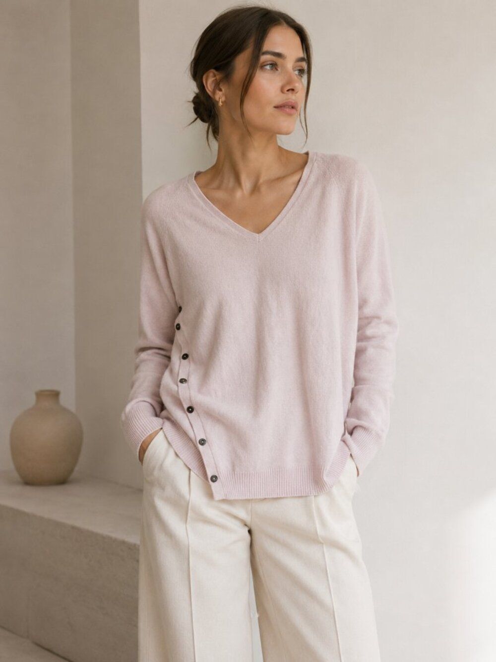 Pure Collection 100% Cashmere Sweater Blush Pink Side Button V Neck Size 12